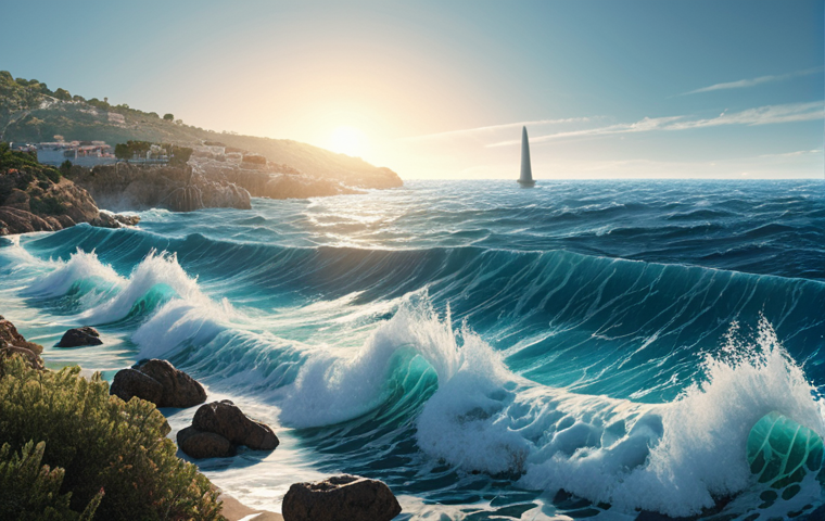 **Prompt:** A symbolic representation of the "Blue Revolution," where the protection of marine intellectual property fosters a sustainable future. Stylized patent symbols and technological blueprints seamlessly blend with dynamic ocean waves, vibrant marine life, and innovative underwater structures. The background features a serene coastal landscape, evoking the beauty of the Spanish coastline. Emphasize a sense of harmony between human ingenuity and the natural ocean environment, with soft, optimistic lighting.